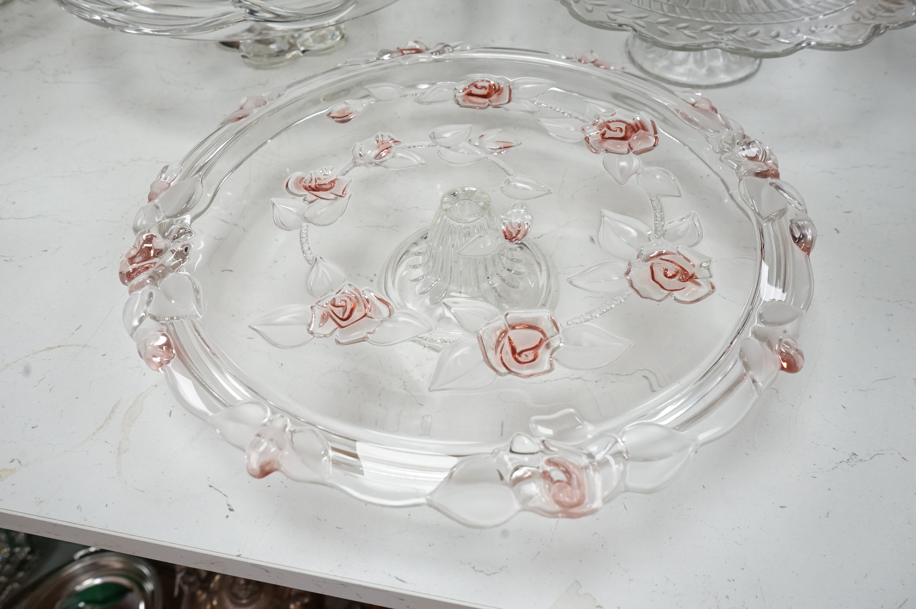 Seven decorative 20th century glass cake tazza, largest 36cm diameter